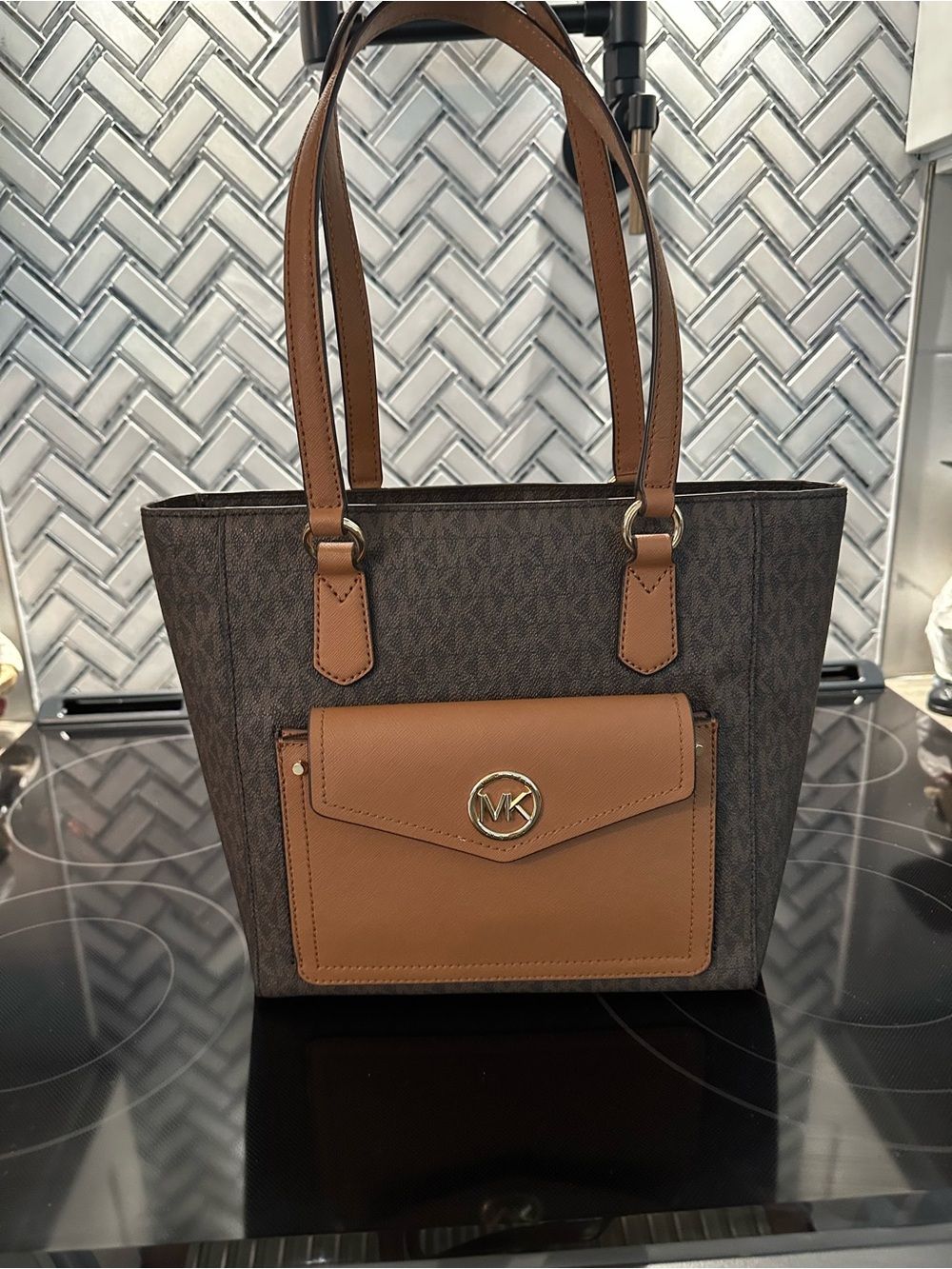 Michael Kors signature logo Brown & Tan Medium Tote with Front Pocket